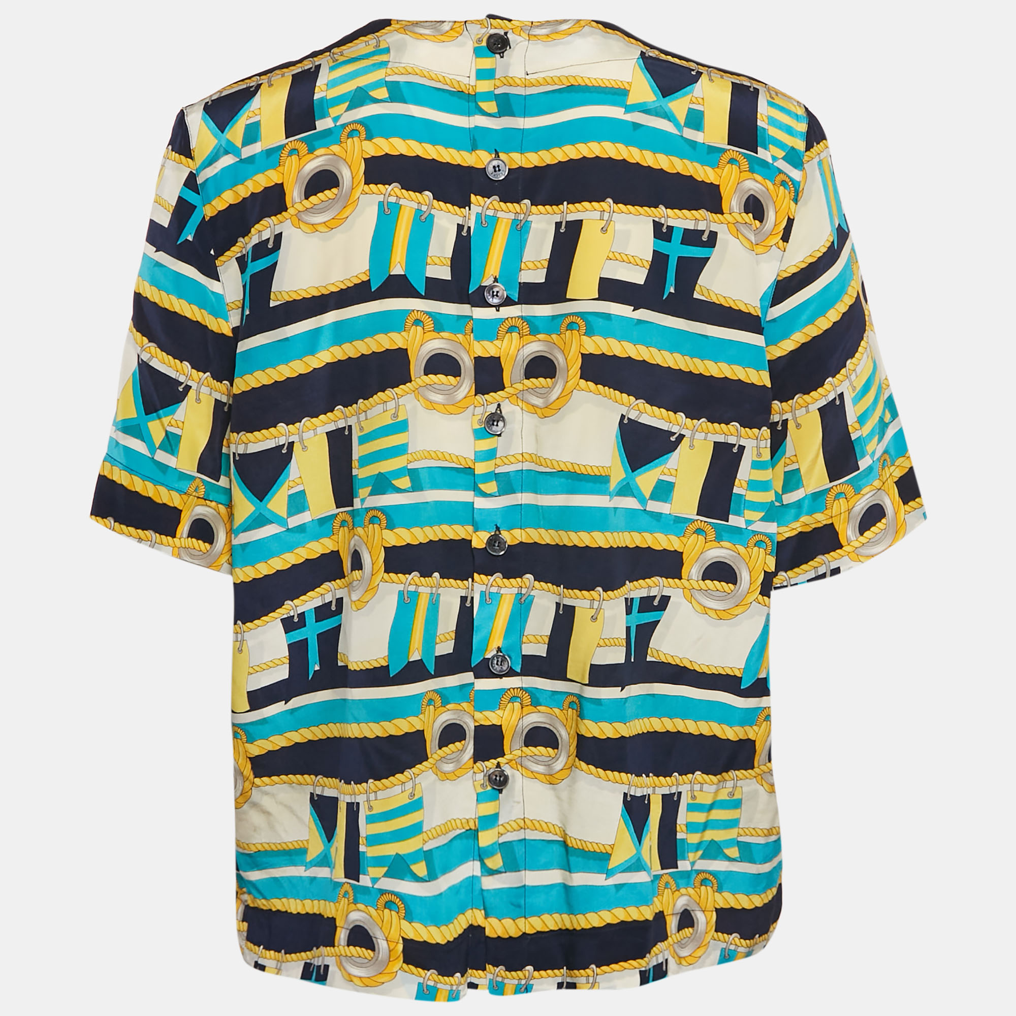 Celine Vintage Multicolor Printed Crepe Button Back Blouse XL 