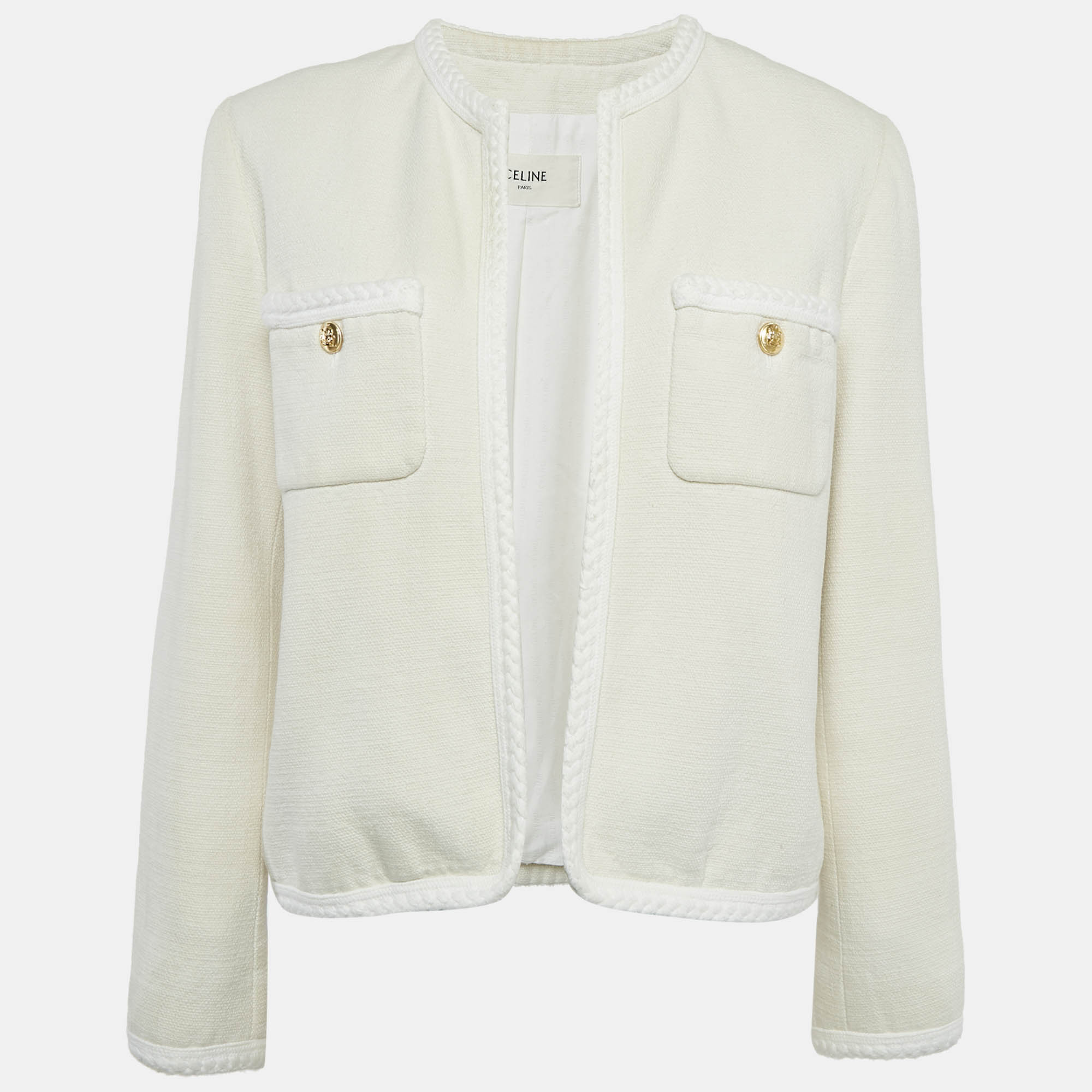 

Celine Off-White Silk Braid Trim Detail Open Front Jacket M