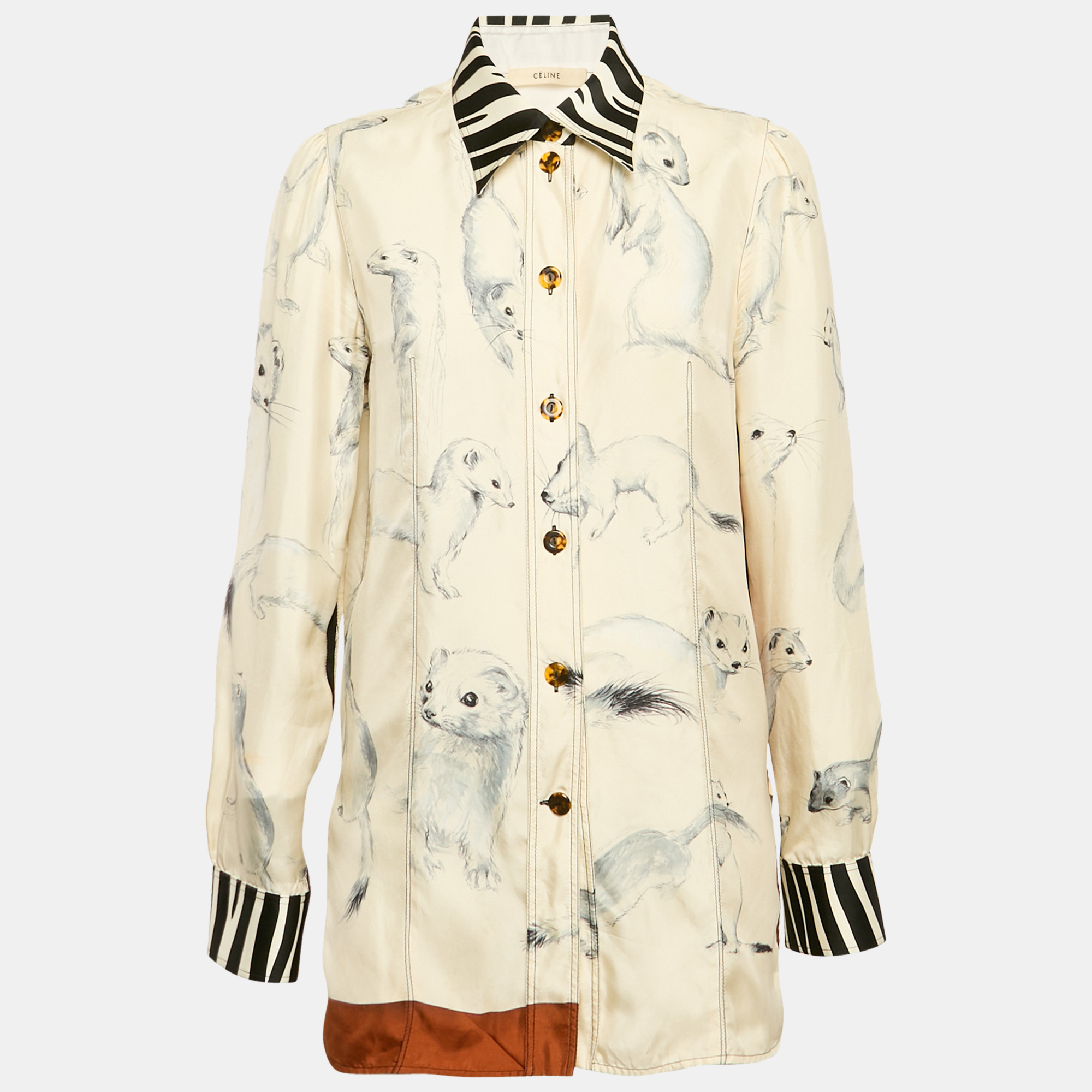 

Celine Cream Printed Silk Button Front Shirt M
