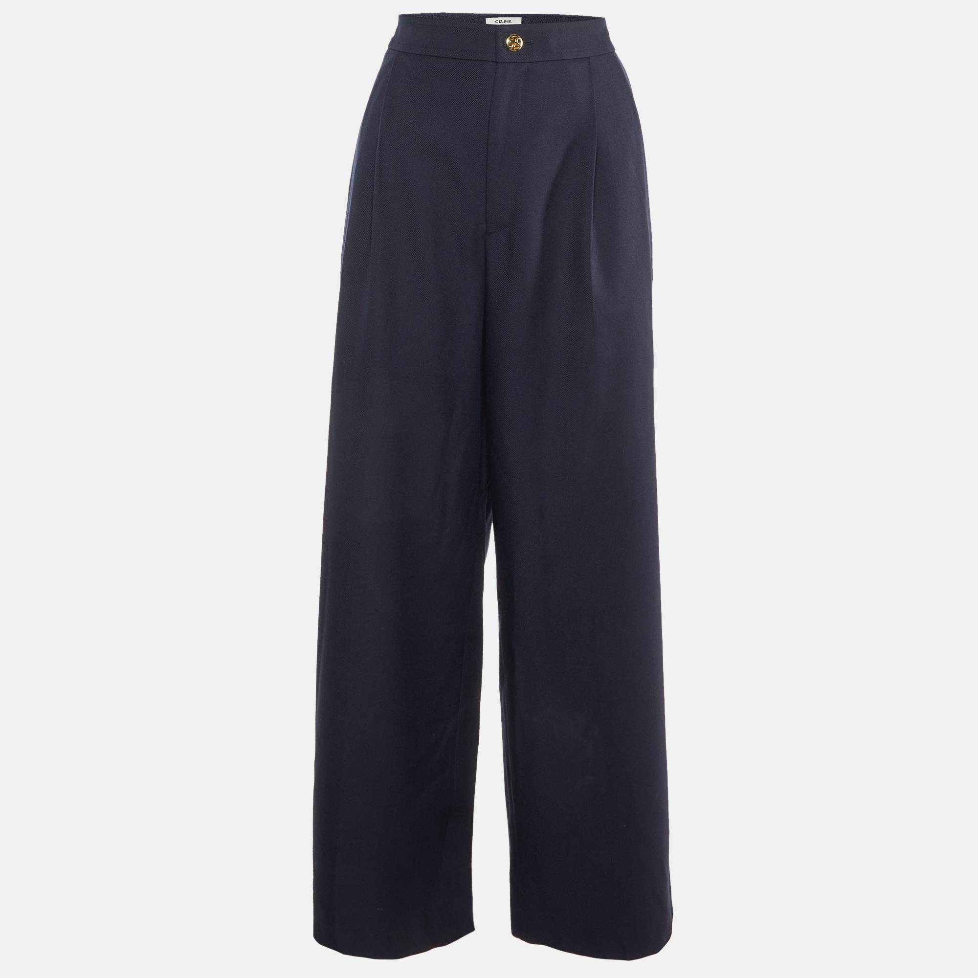 

Celine Navy Blue Wool Gabardine Pleated Wide Leg Pants L