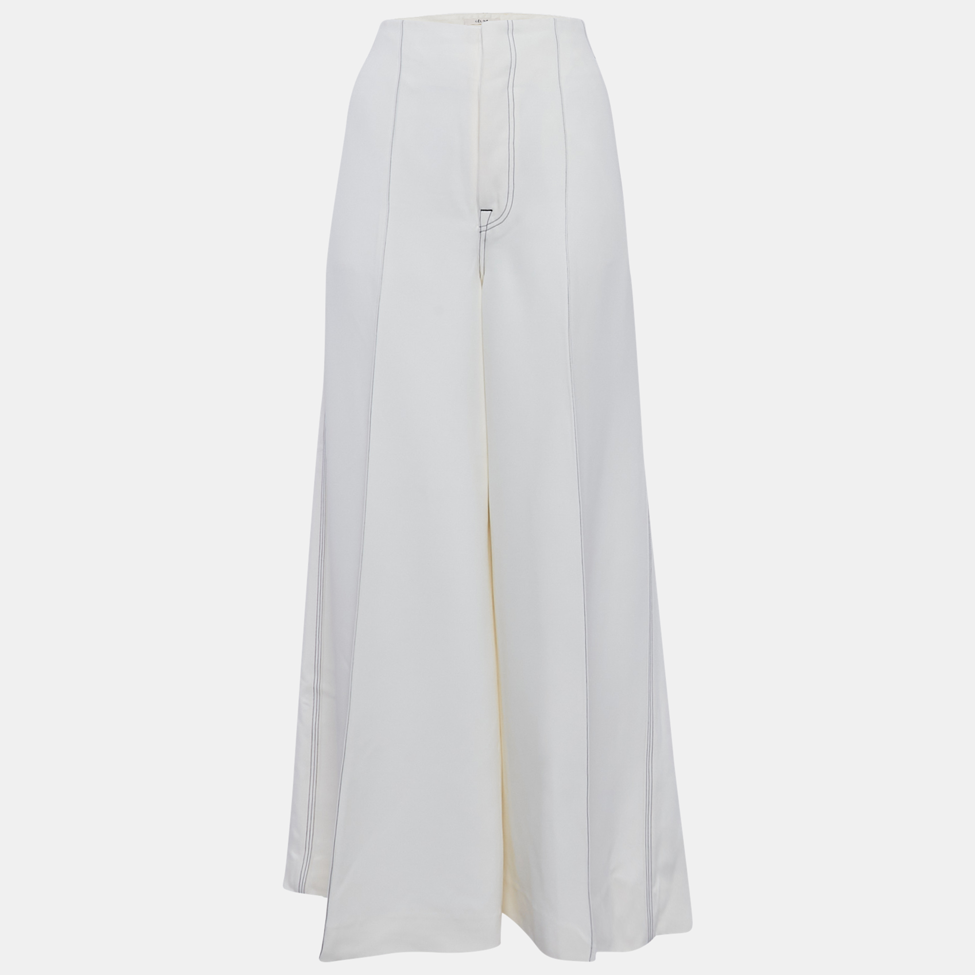 

Celine Ivory Crepe Contrast Stitch Flared Trousers M, Beige