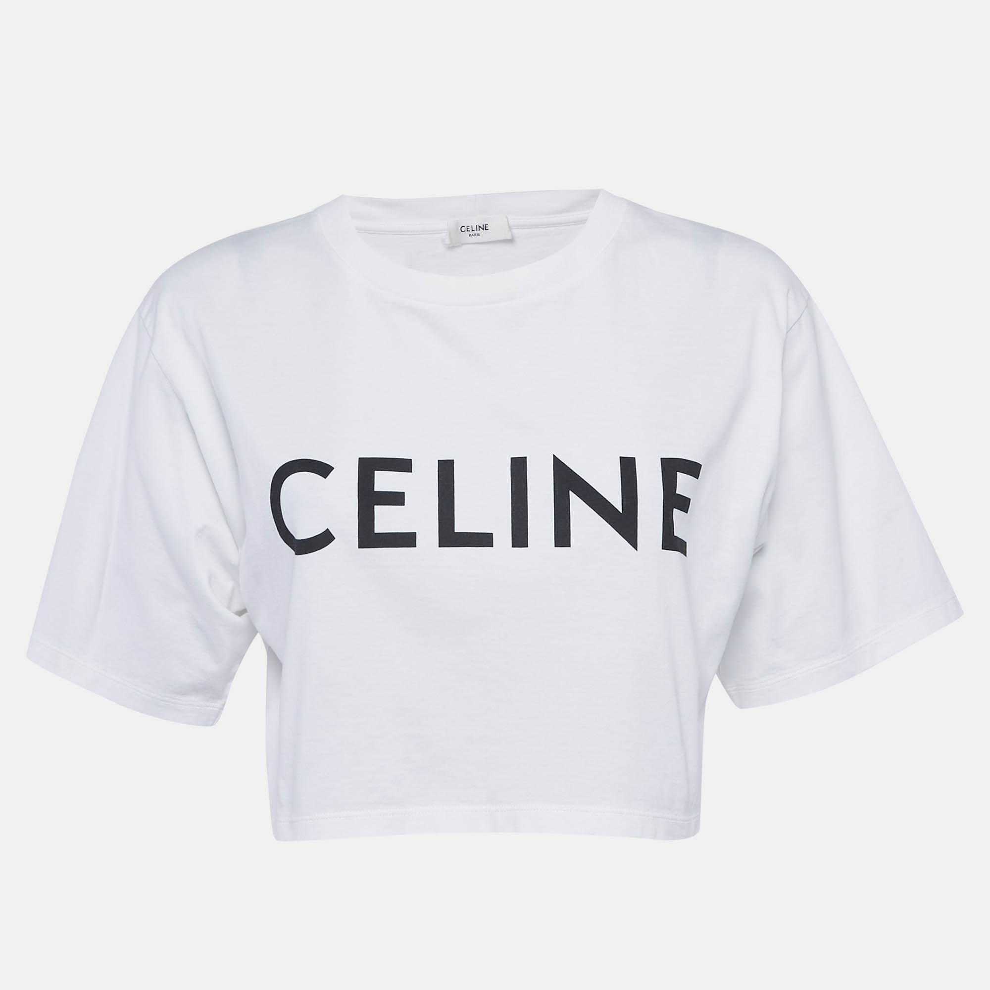 

Celine White Logo Print Cotton Knit Crew Neck Crop Top S