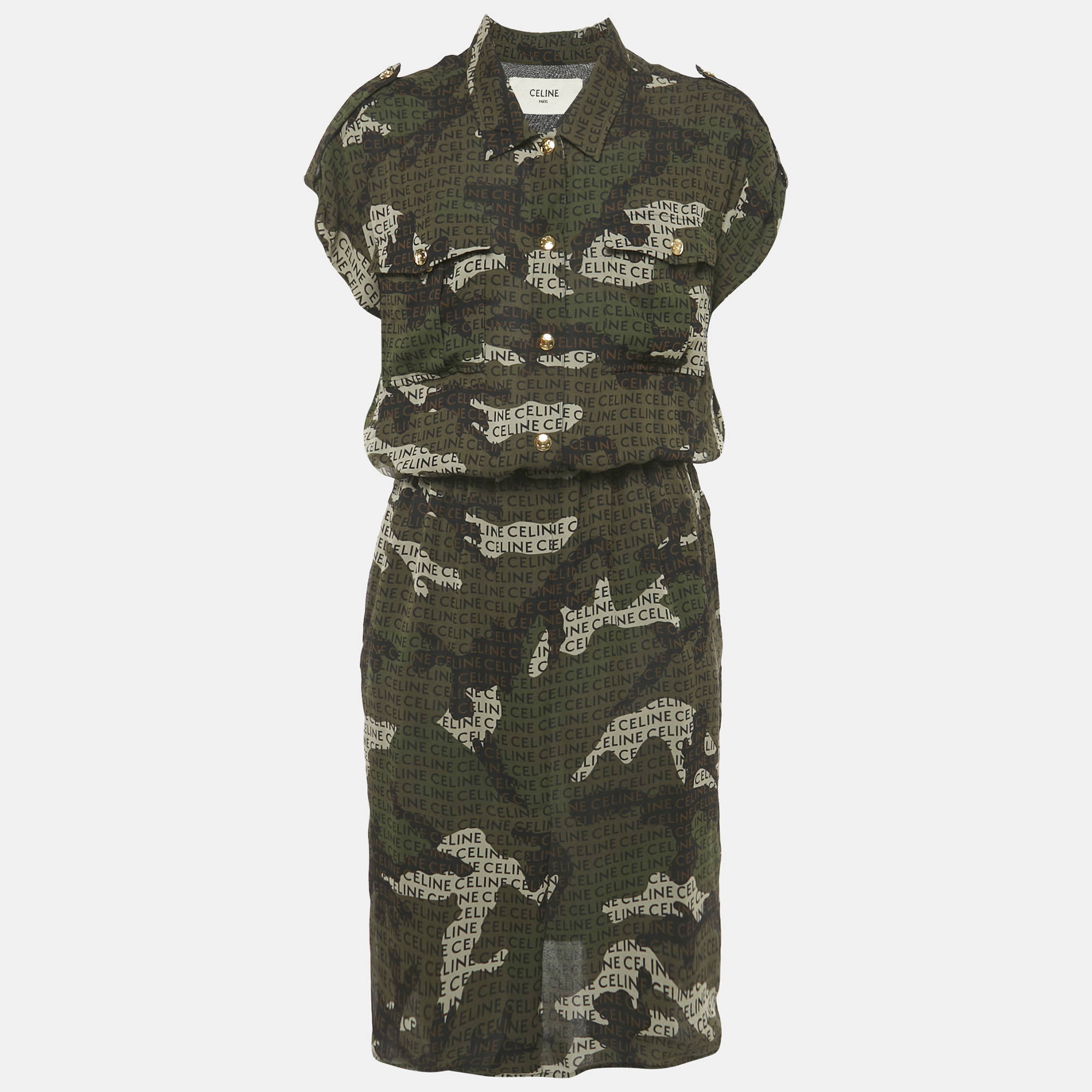 Pre-owned Celine Black Camouflage Logo Print Georgette Midi Shirt Dress M