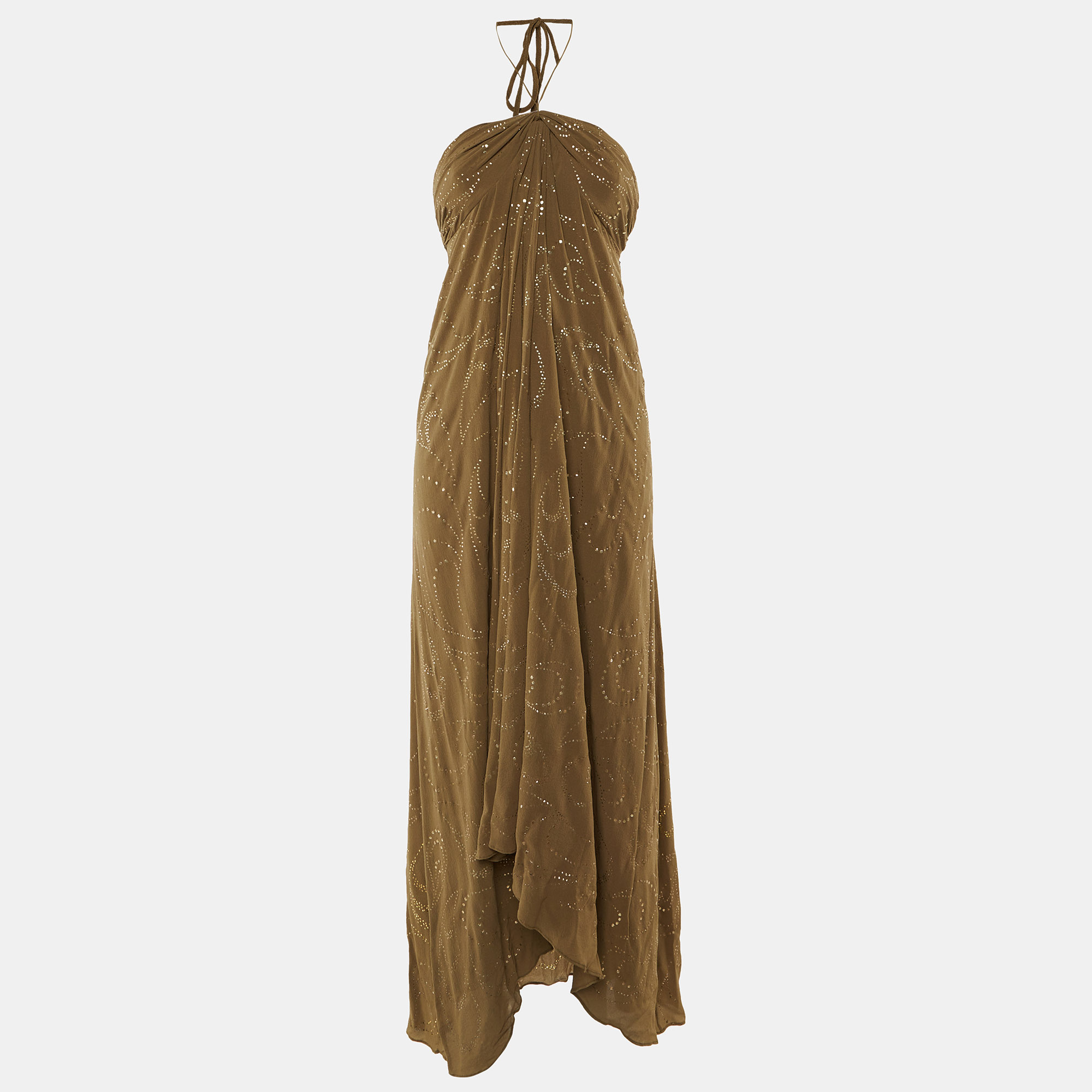

Celine Olive Green Embellished Silk Chiffon Strapless Maxi Dress S