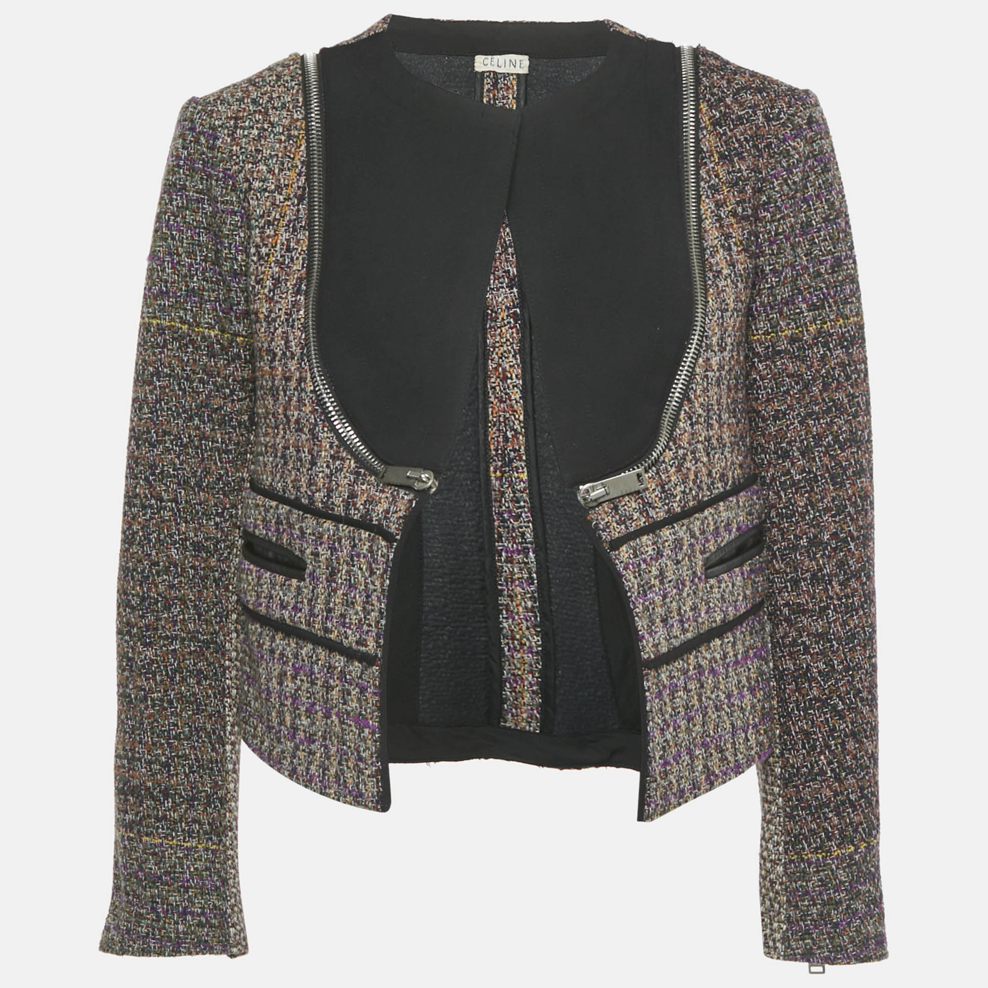 Pre-owned Celine Multicolor Tweed Zip Detail Open Front Jacket M