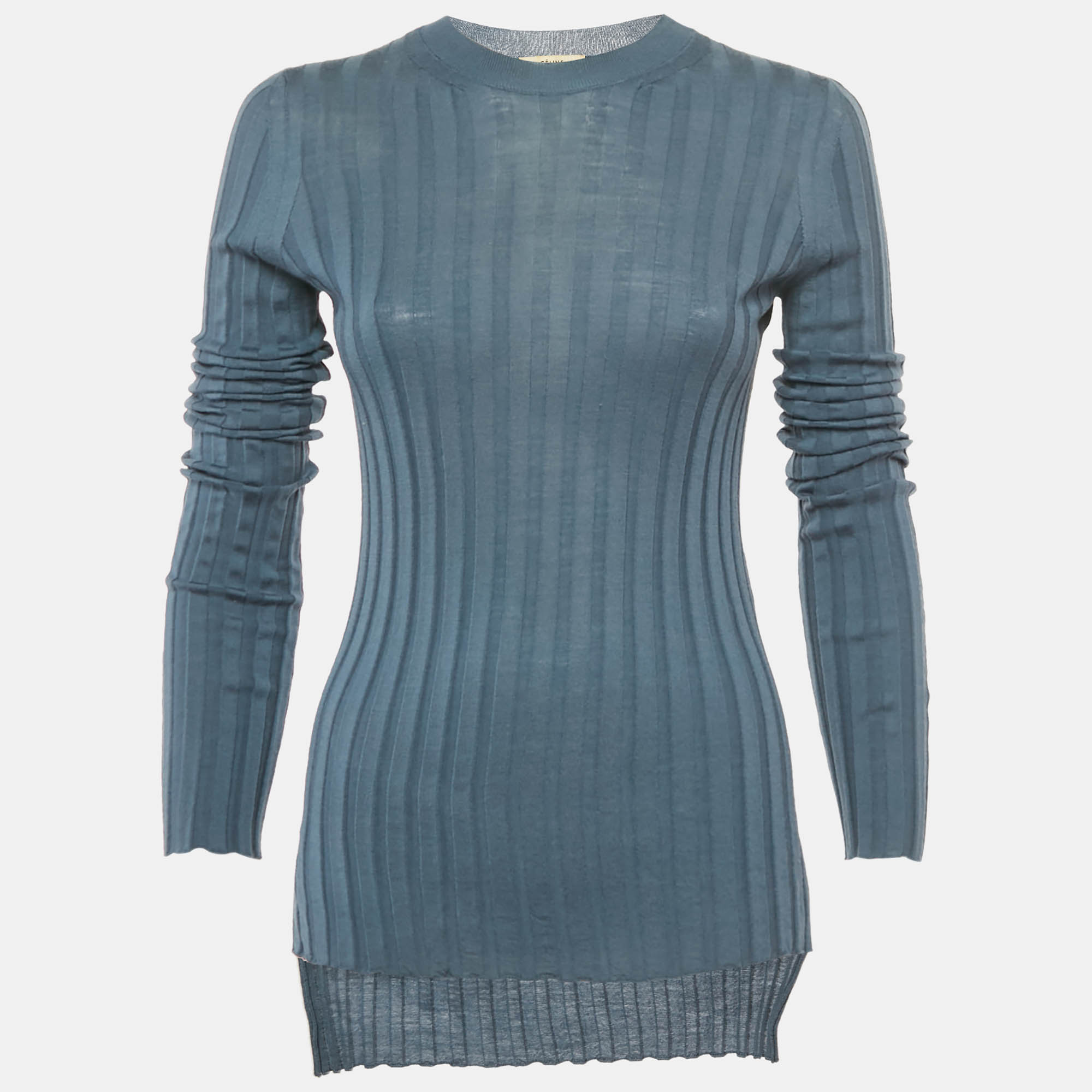 Pre-owned Celine Blue Wool Rib Knit Full Sleeve Top S