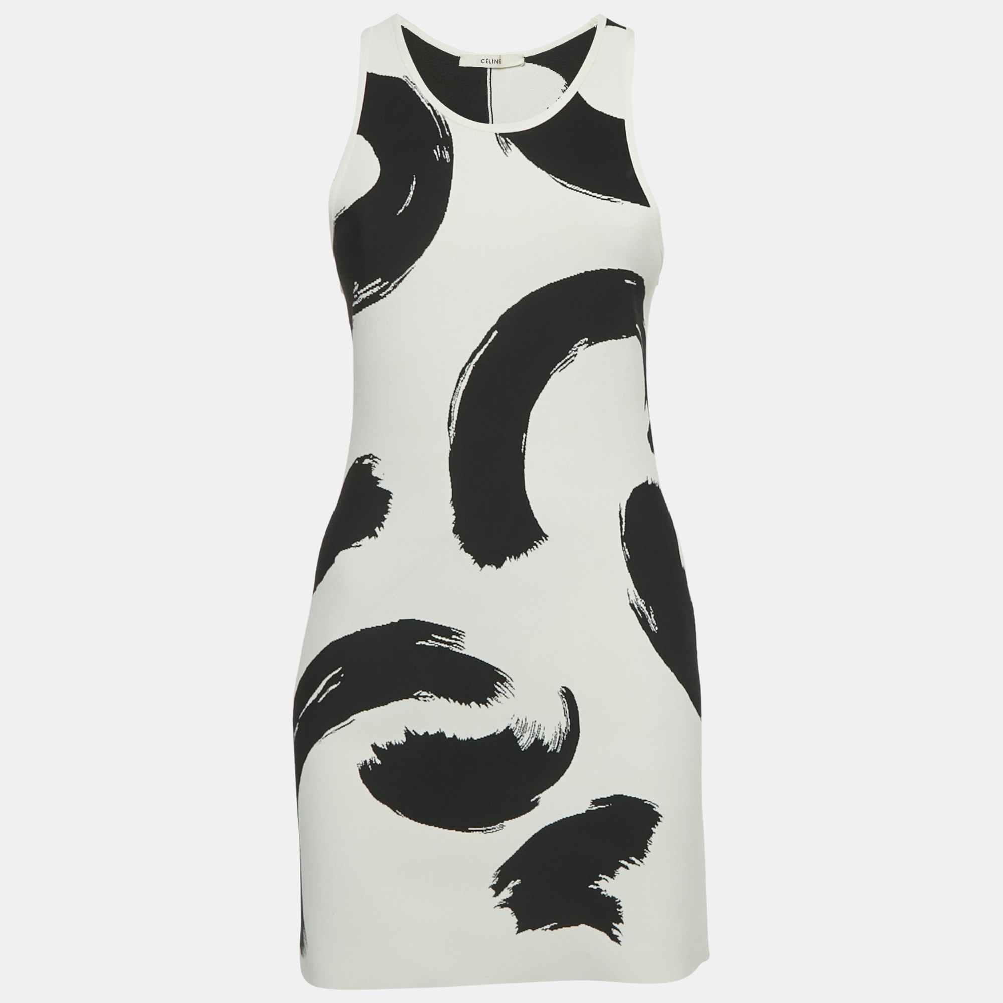 Celine White/Black Jacquard Stretch Knit Mini Dress S