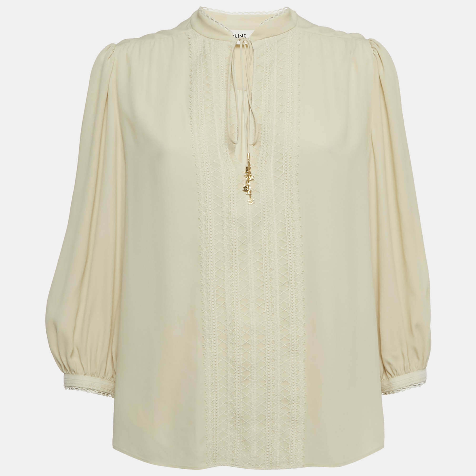 

Celine Cream Crepe Silk Blend Lace & Neck Tie Detail Blouse S