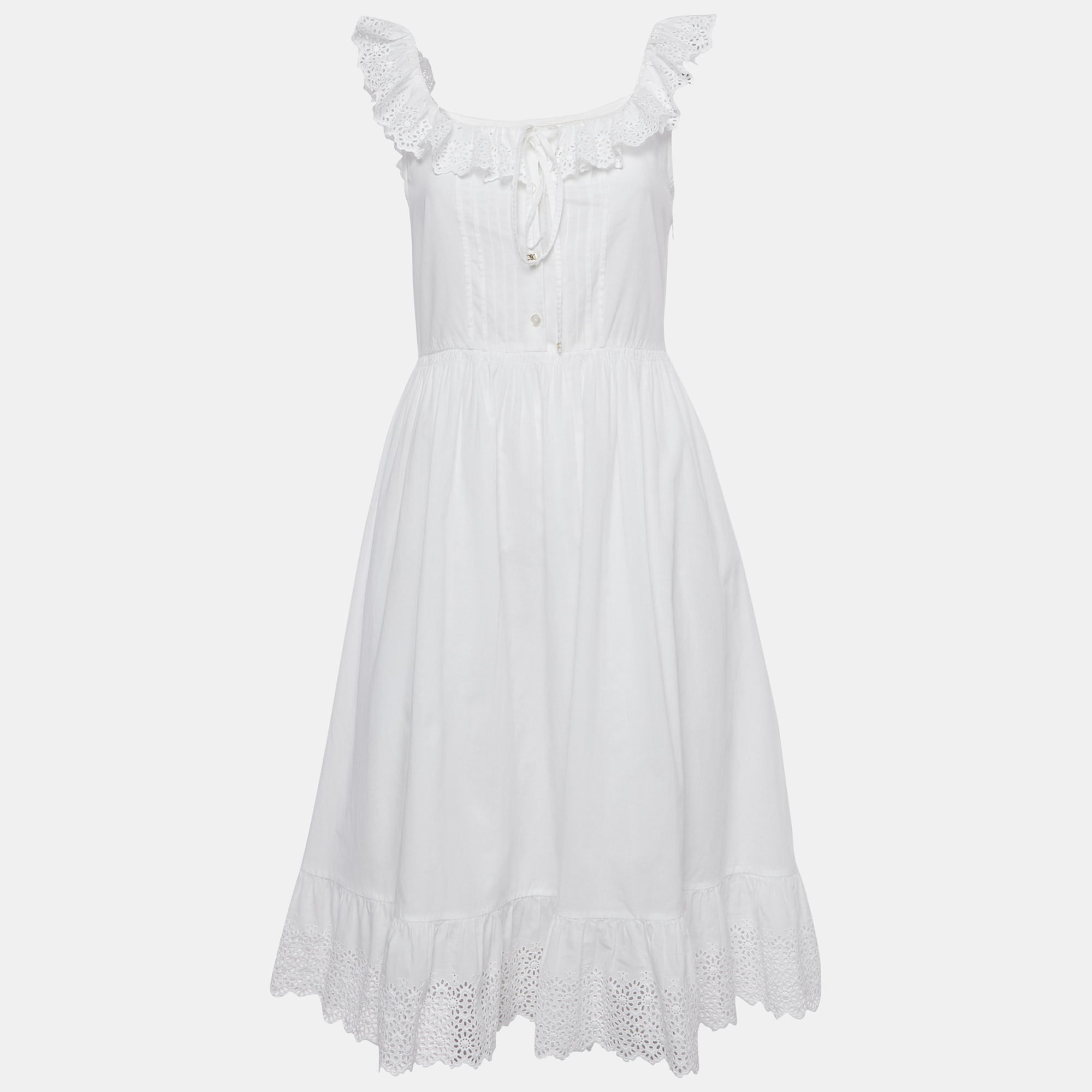 

Celine White Cotton Floral Eyelet Frill Detail Midi Dress S