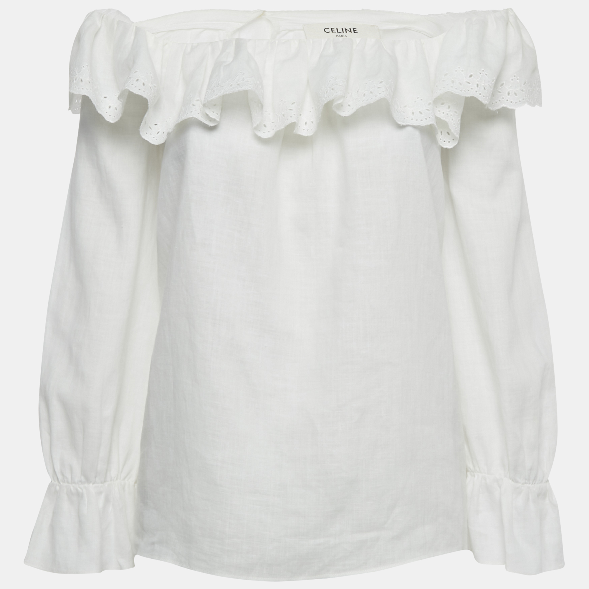 Pre-owned Celine White Cotton & Ramie Eyelet Frill Detail Prairie Blouse M