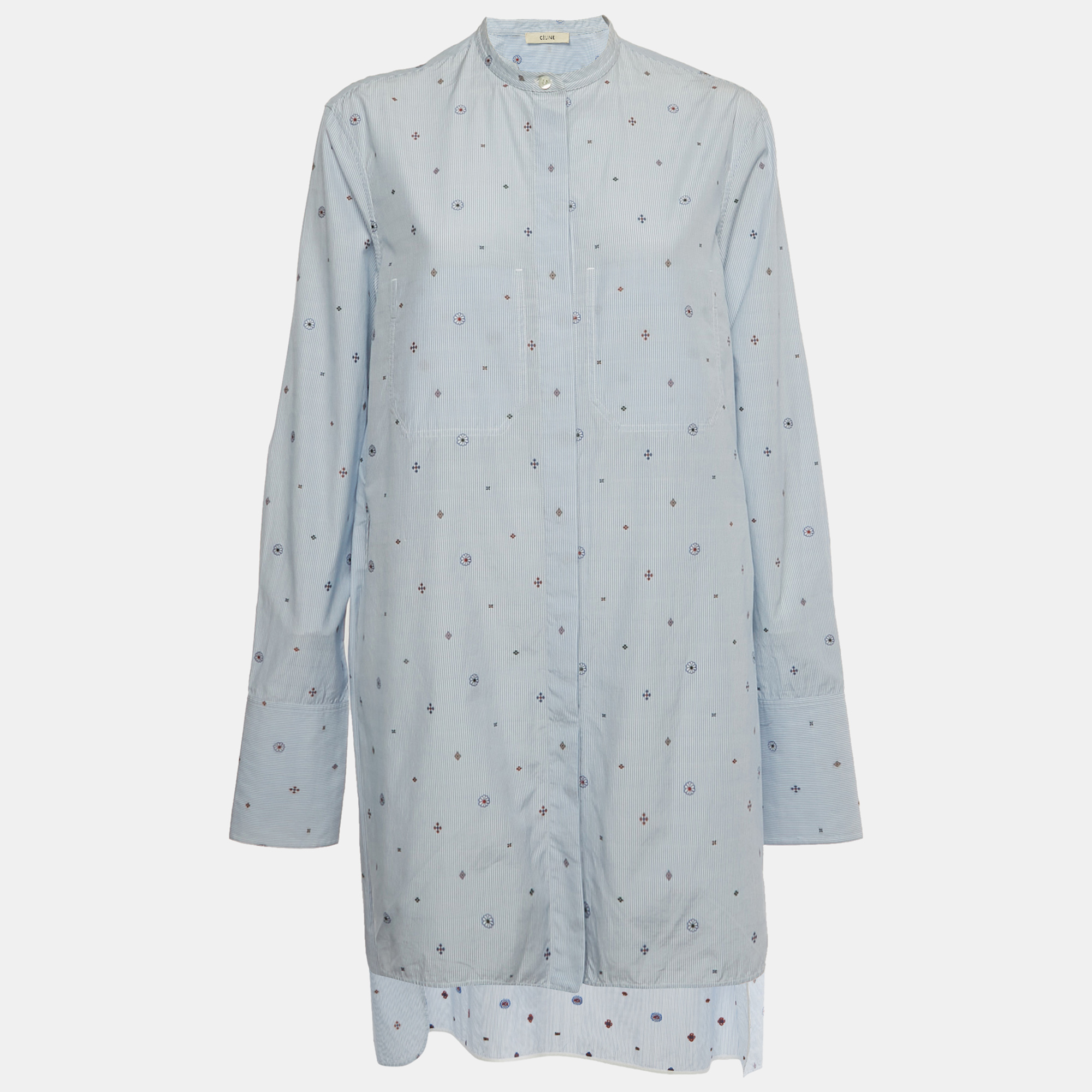 

Celine Blue Striped Cotton Embroidered Asymmetric Hem Shirt L