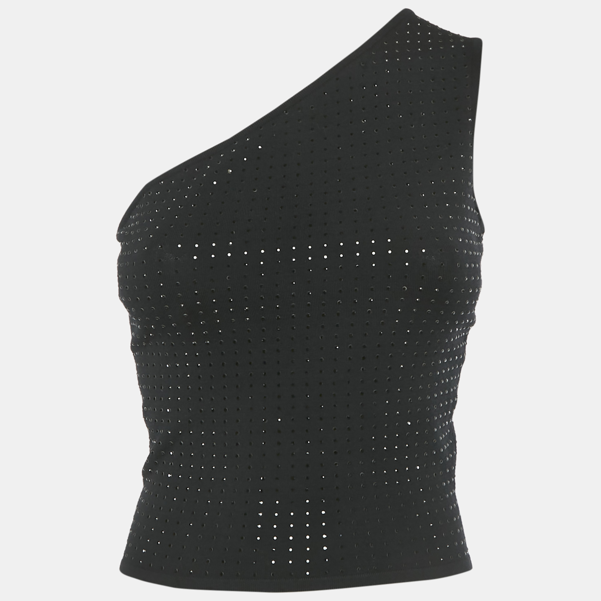 

Celine Black Rhinestone Stretch Knit One Shoulder Top S