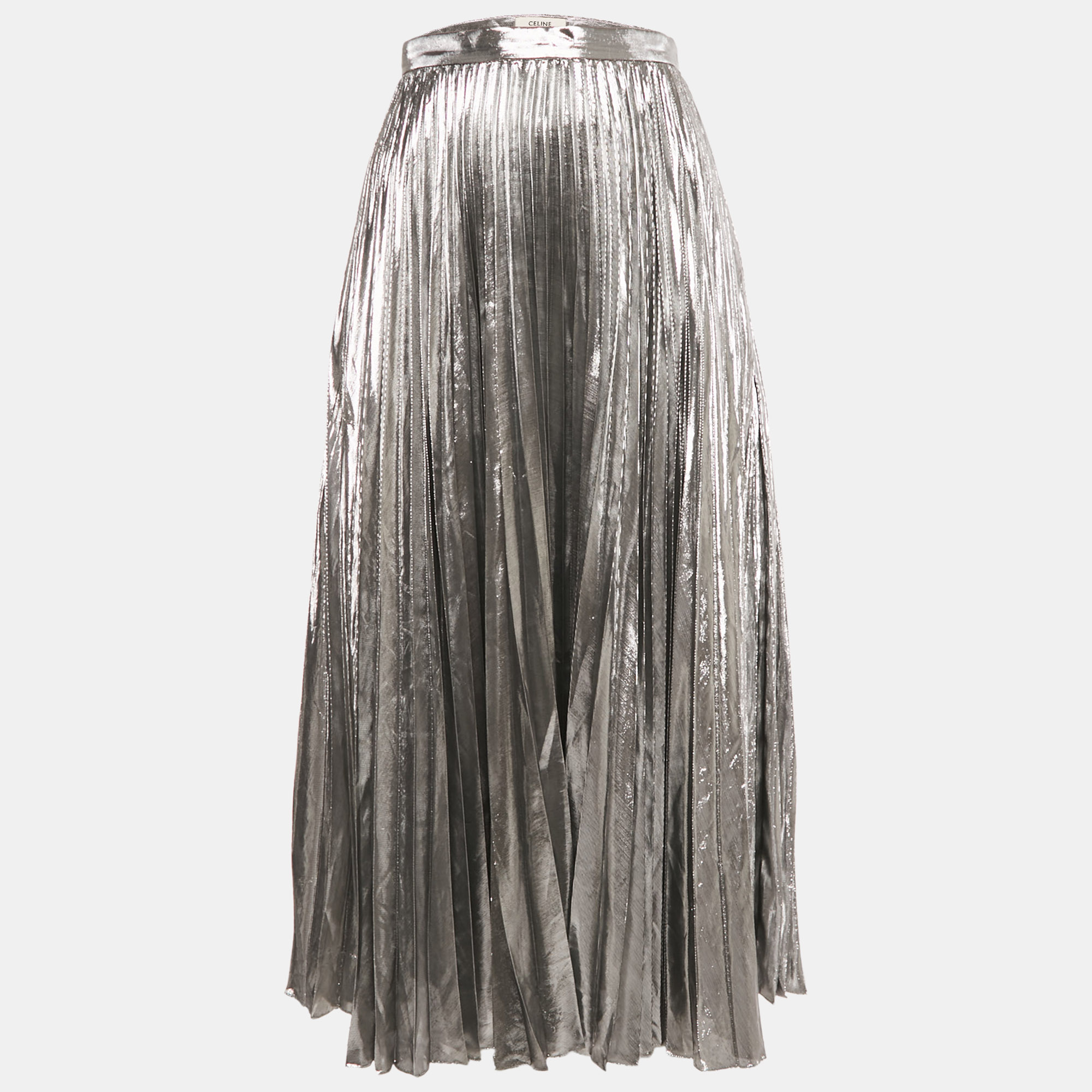

Celine Silver Lamé Plisse Midi Skirt M