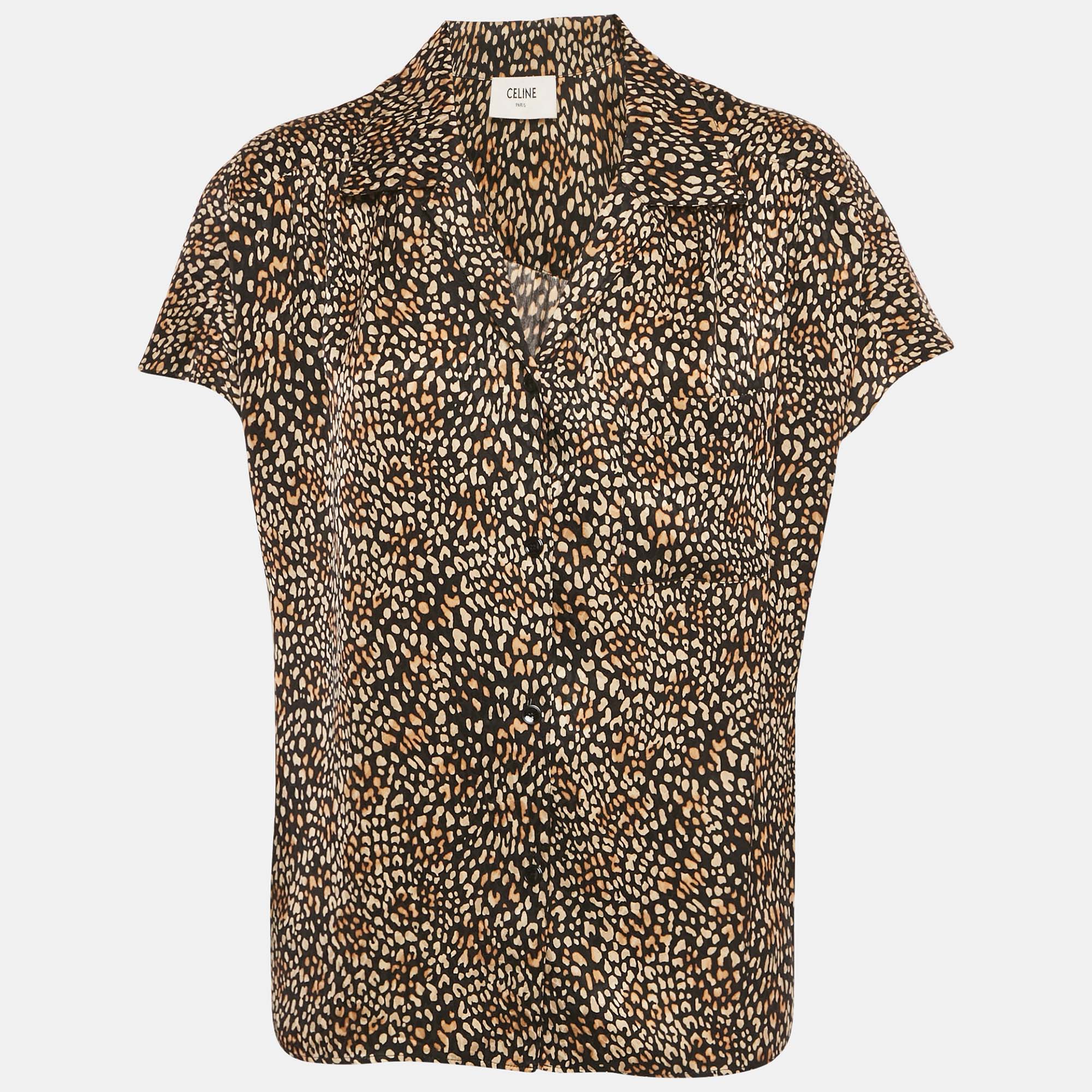Pre-owned Celine Brown Leopard Print Silk Short Sleeve Shirt M