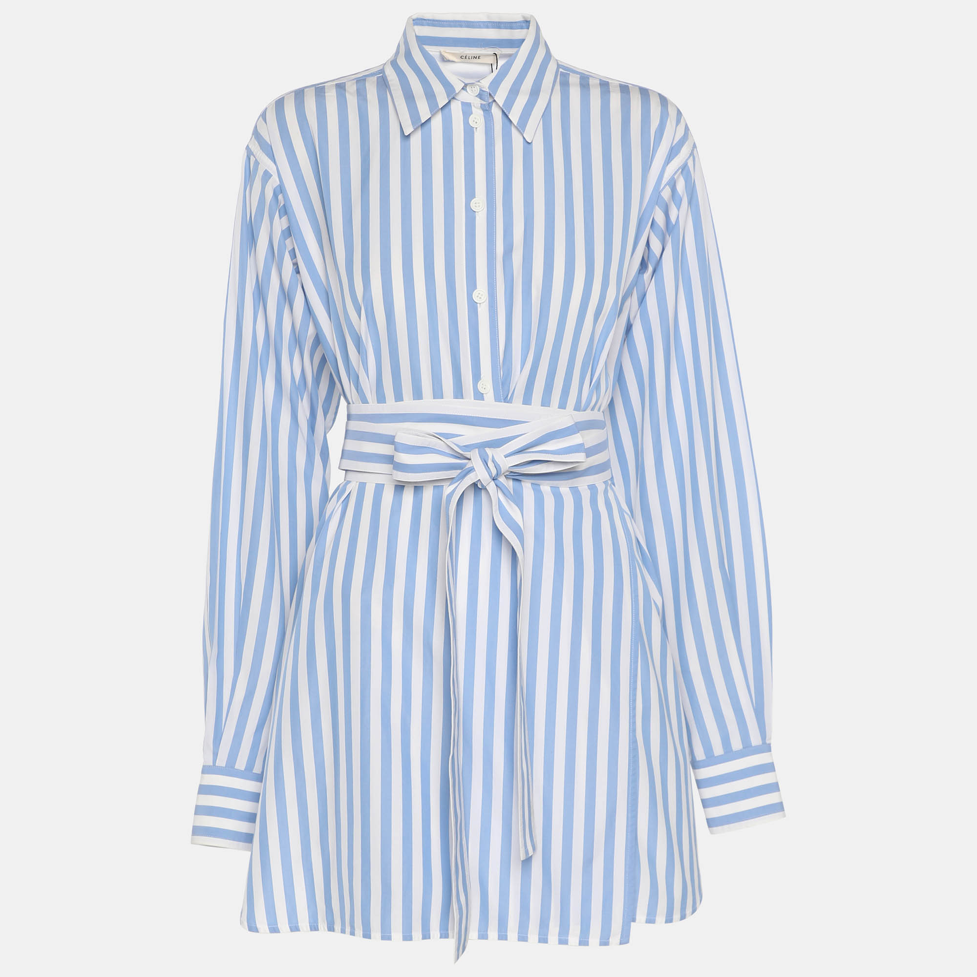 

Celine White/Blue Stripe Cotton Waist Tie Long Shirt M