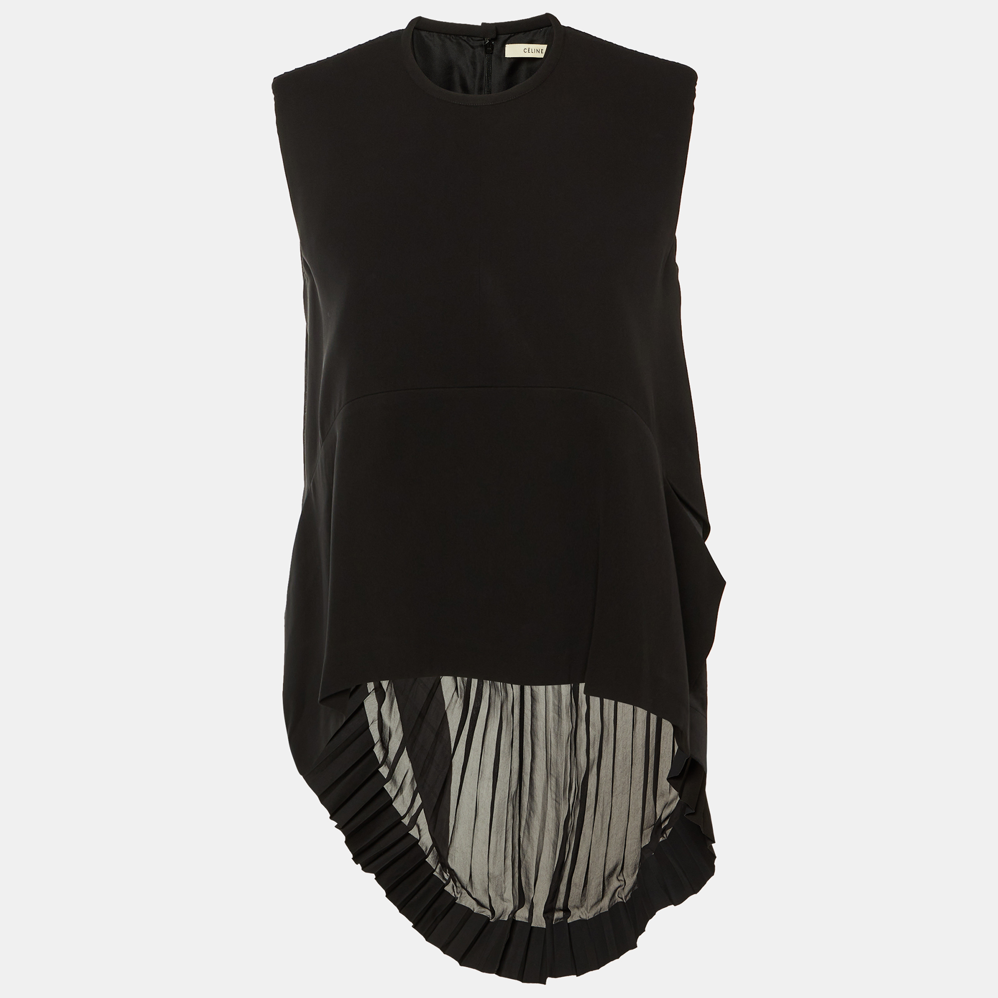 

Celine Black Silk & Plisse Back Detail High Low Top M