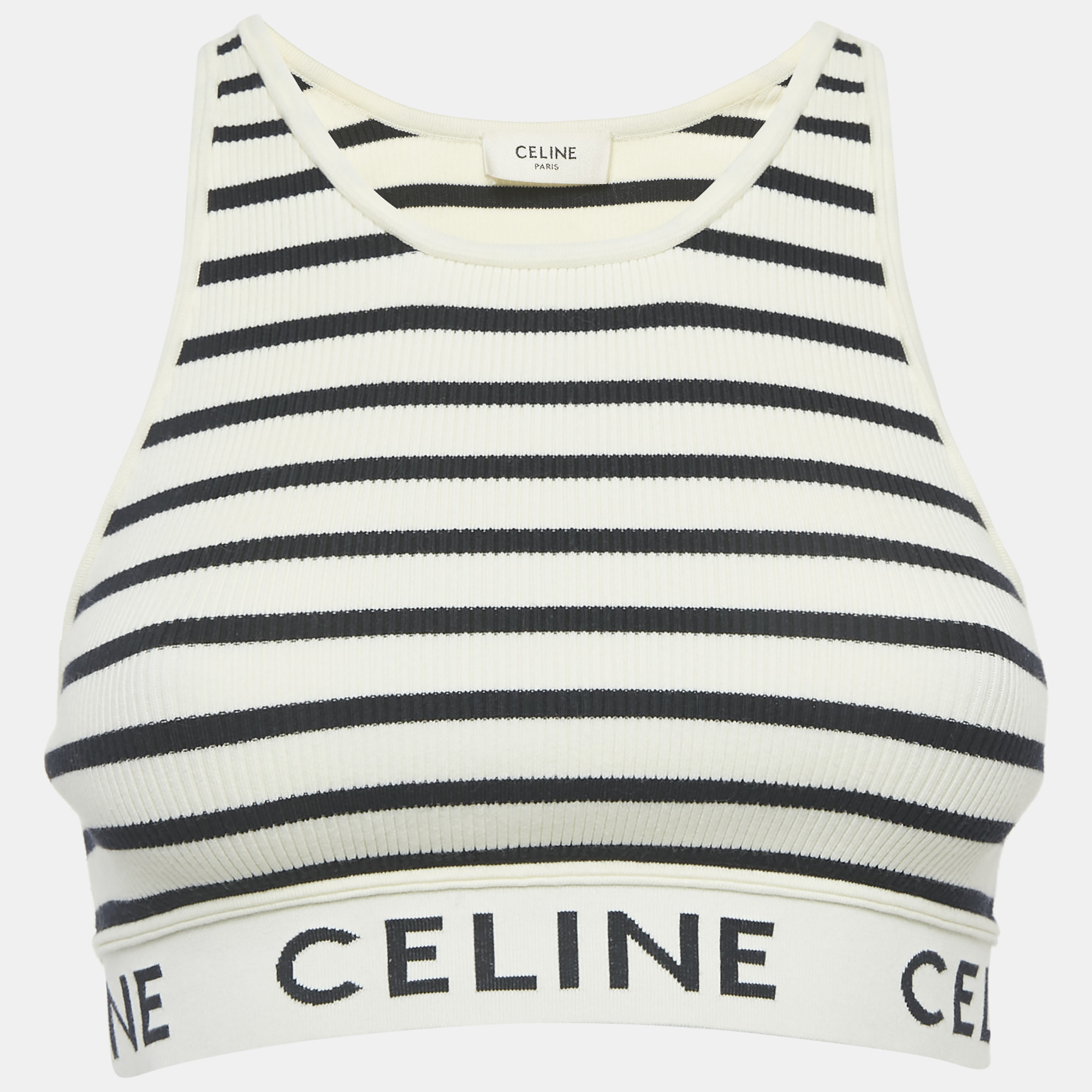 

Celine White/Black Striped Rib Knit Tank Crop Top S