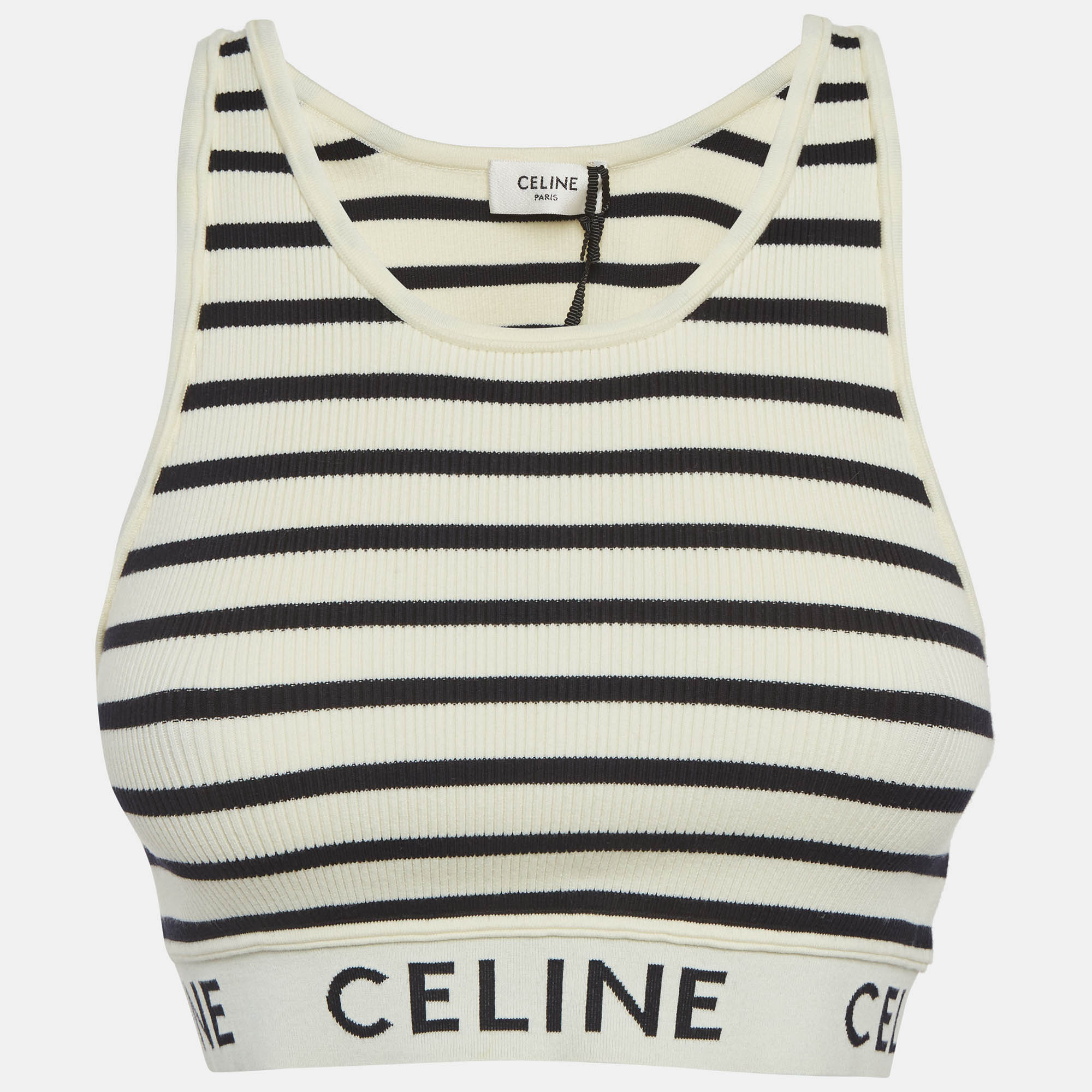 

Celine White Striped Rib Knit Crop Tank Top M