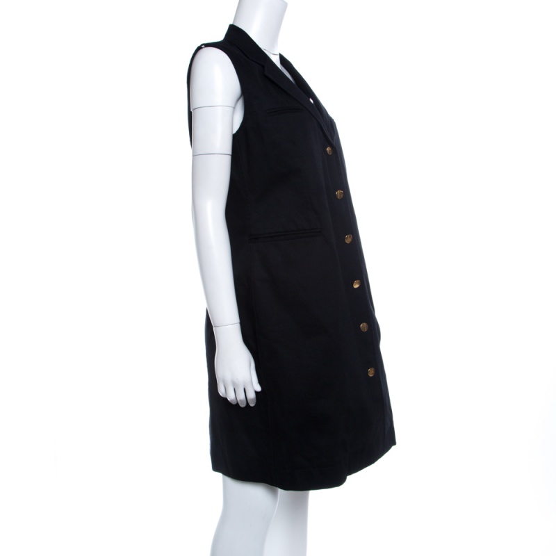 

Celine Black Cotton Twill Button Front Sleeveless Dress Coat