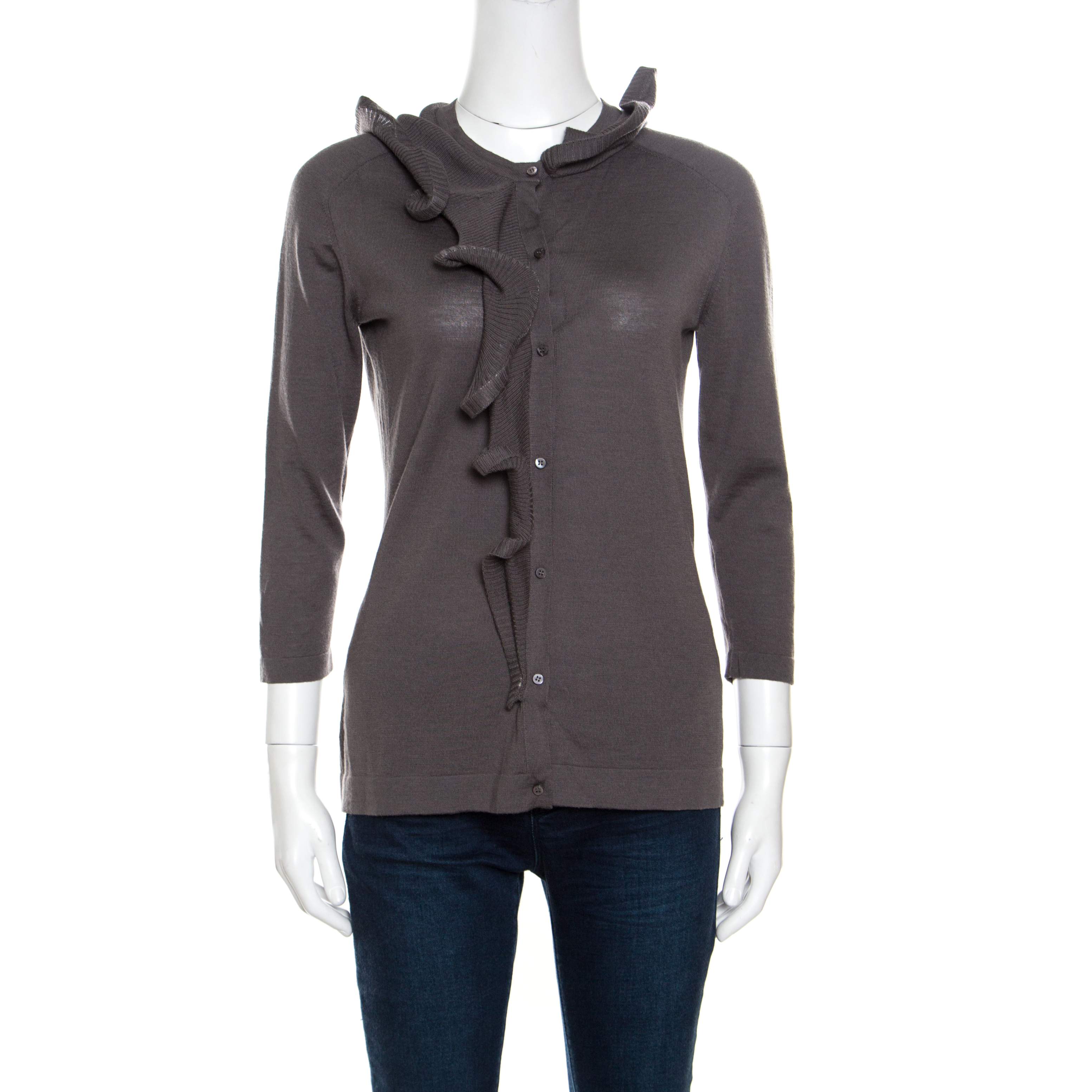

Celine Grey Wool Ruffled Asymmetric Neckline Detail Button Front Cardigan