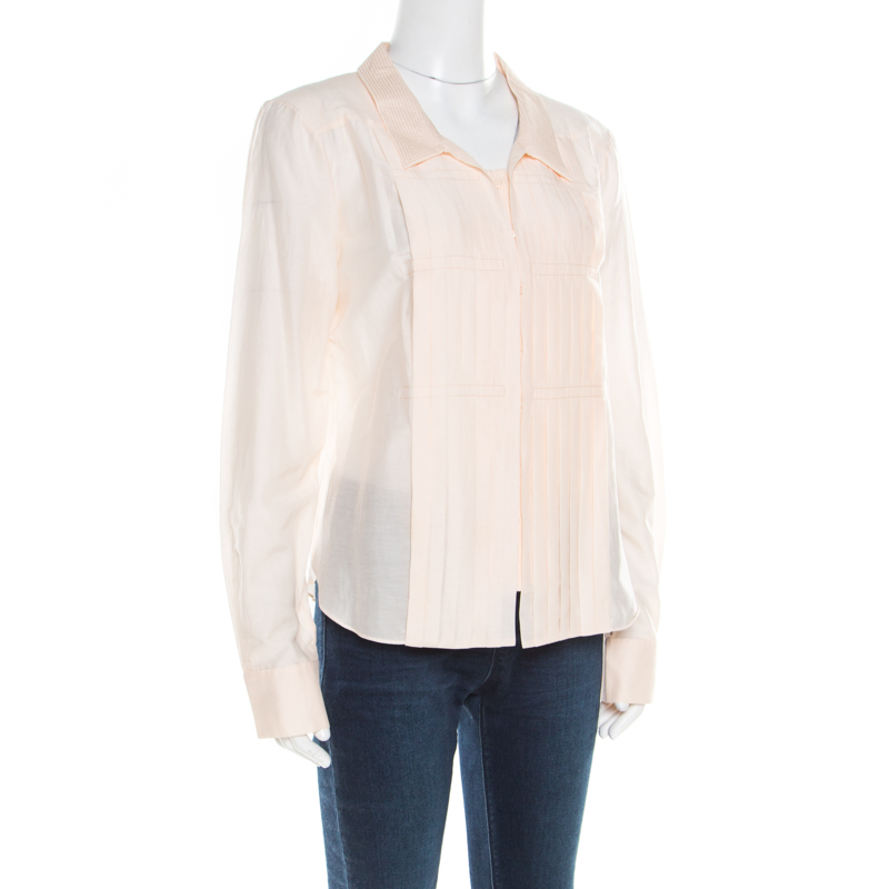 

Celine Peach Cotton and Silk Pleat Detail Long Sleeve Shirt, Pink