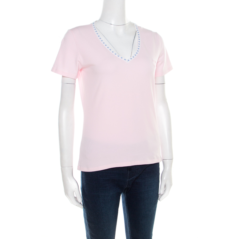 

Celine Pink Jersey Blazon Chaine Logo Embroidered Contrast Trim T-Shirt