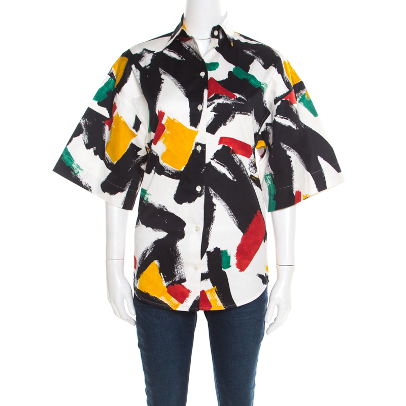 Pre Owned Celine White Cotton Multicolor Brush Stroke Print Short Sleeve Shirt S