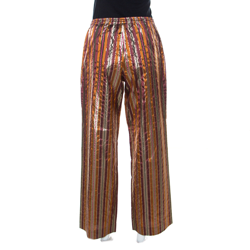 Pre-owned Celine Brown Metallic Striped Silk Straight Fit Trousers L