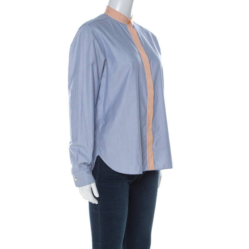 

Celine Blue Pinstripe Cotton Contrast Trim Chinese Collar Shirt