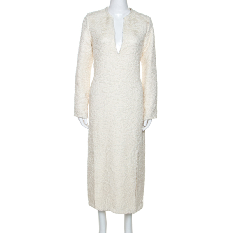 Celine Cream Wool  Blend V Neck Midi Dress L