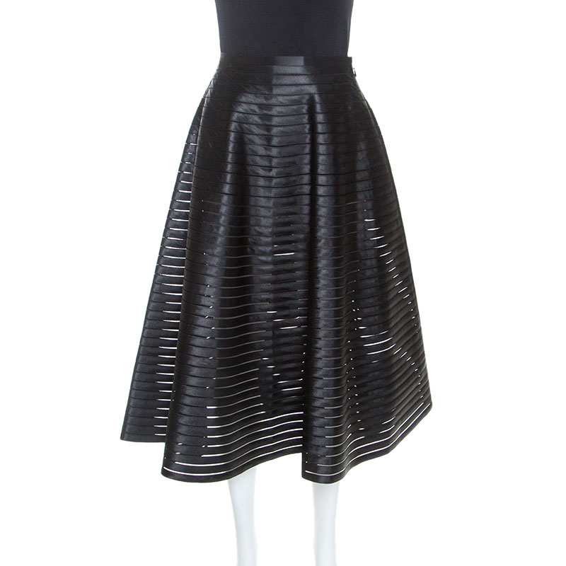 Celine Black Ribbon Striped Satin and Sheer Flared Midi Skirt S