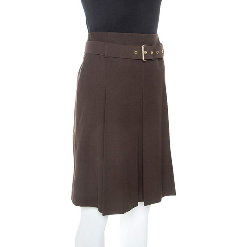 

Celine Brown Wool Pleat Detail Belted Skirt