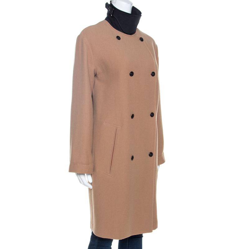 

Celine Beige Wool Contrast Trim Detail Double Breasted Coat