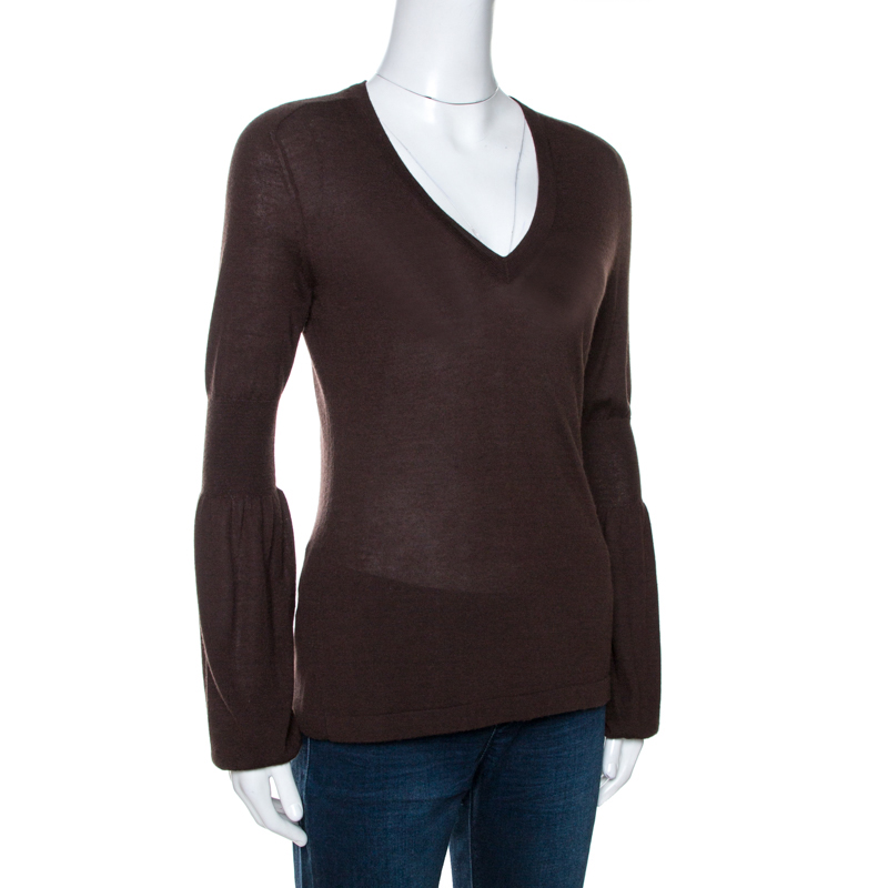 Pre-owned Celine Brown Cashmere Knit Long Sleeve Top M