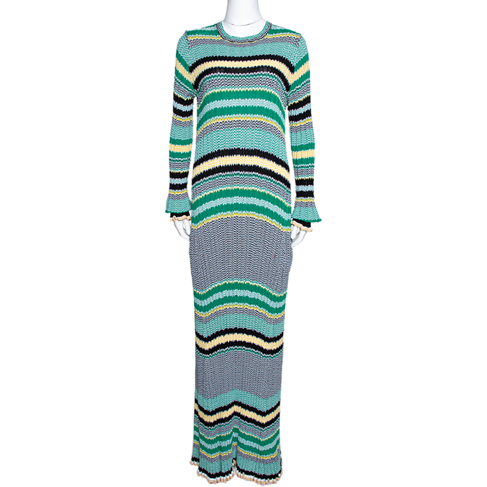 Celine Green Striped Knit Long Sleeve Maxi Dress M