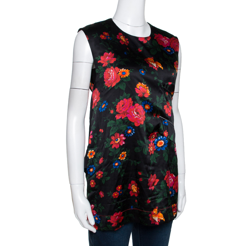 

Celine Black Floral Printed Mulberry Silk Draped Detail Sleeveless Top