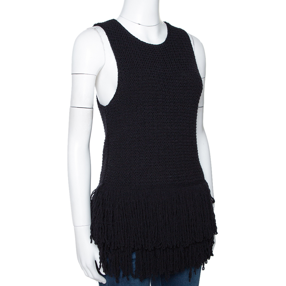 

Celine Black Crochet Knit Sleeveless Fringed Top