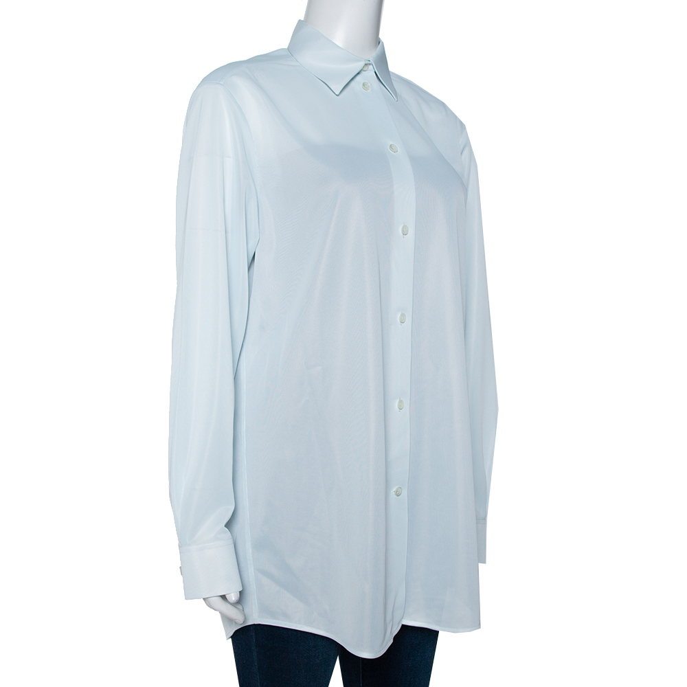 

Celine Light Mint Sheer Mesh Button Front Blouse, Blue