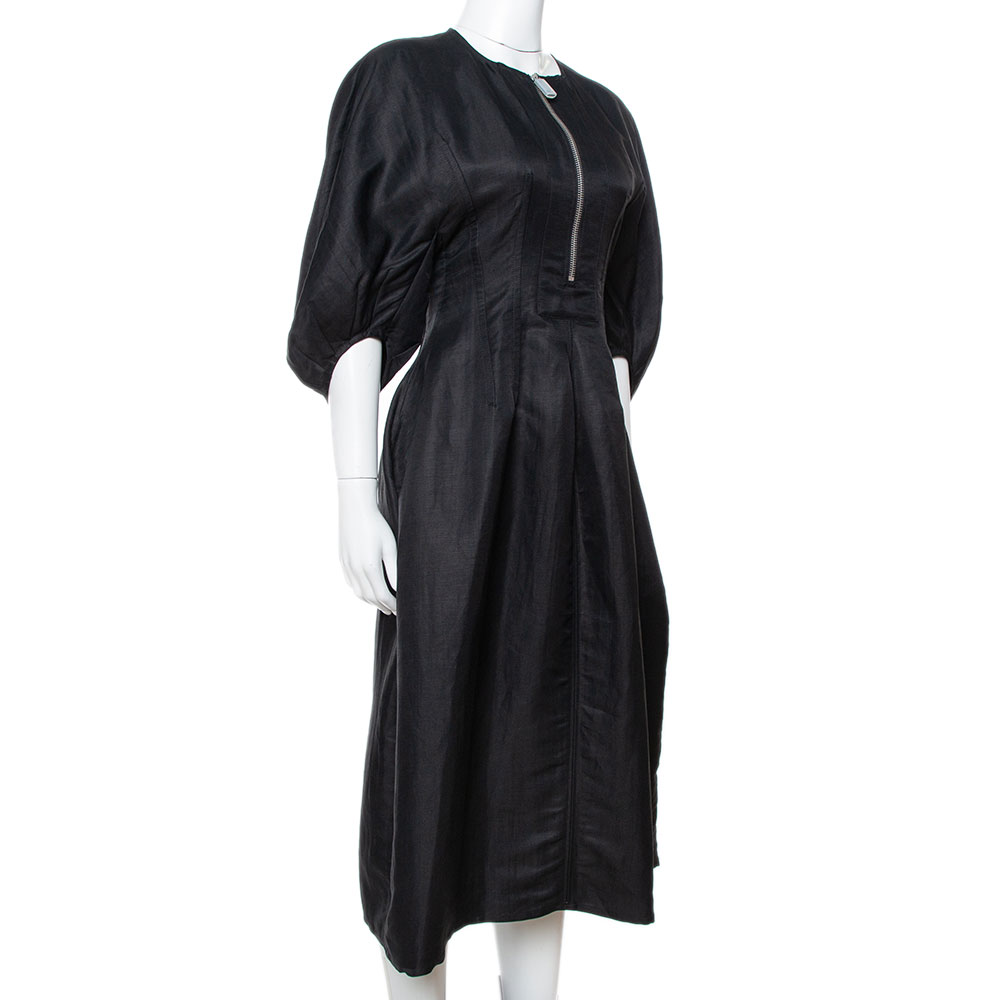 

Celine Black Linen Zip Front Balloon Sleeve Dress