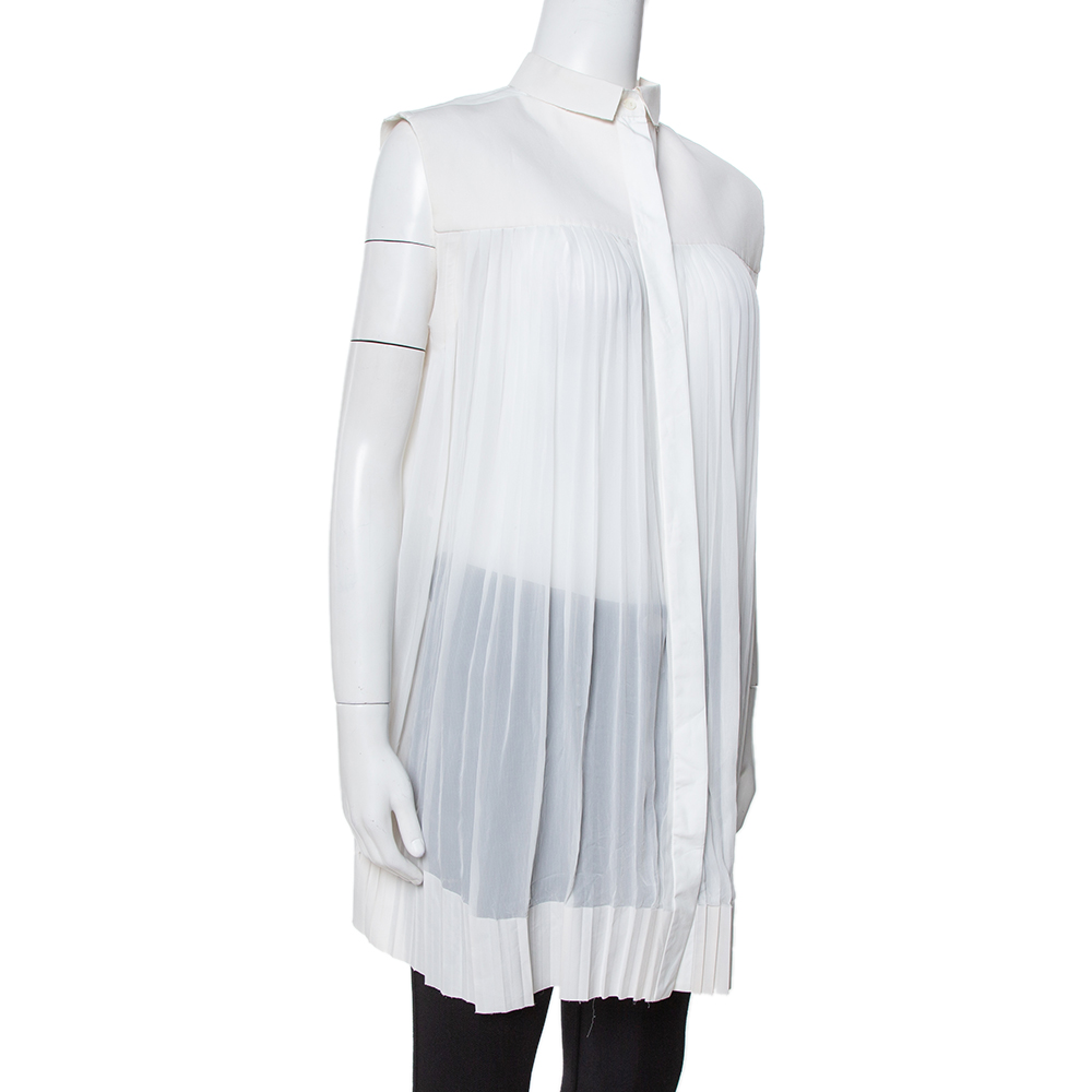 

Celine Off White Cotton Pleated High Low Hem Blouse