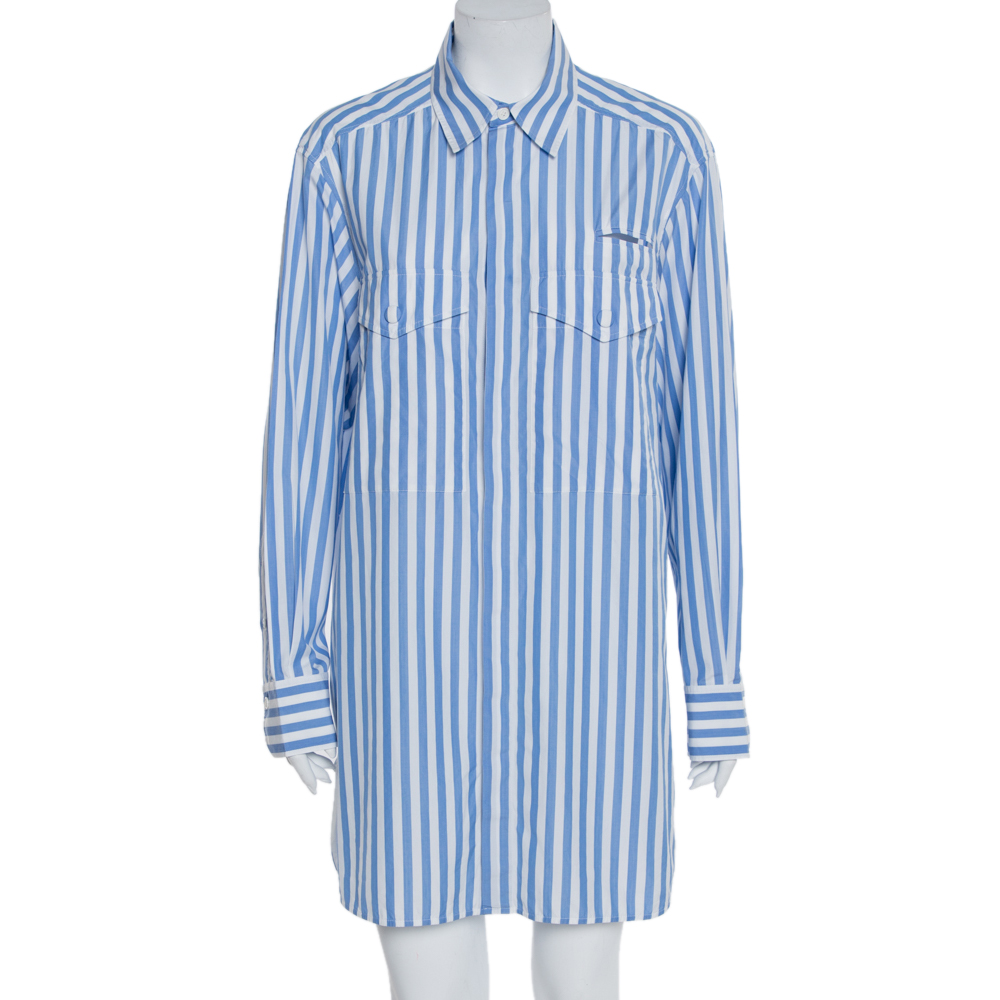 Pre-owned Celine Blue Striped Cotton Patch Pocket Detail Shirt Dress L