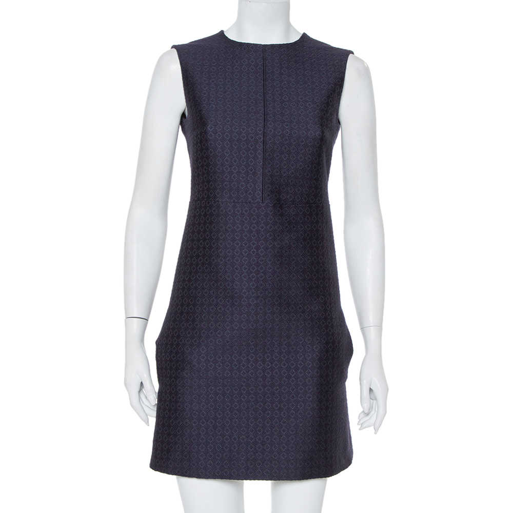 Pre-owned Celine Navy Blue Brocade Sleeveless Sheath Dress S