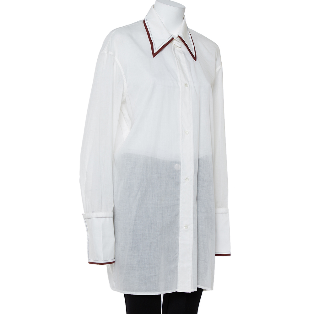 

Celine White Cotton Contrast Trim Detail Button Front Phoebe Philo Long Shirt