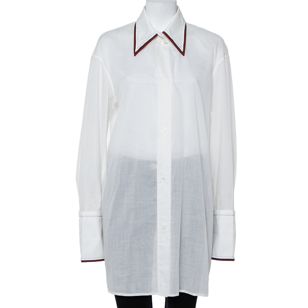 Pre-owned Celine White Cotton Contrast Trim Detail Button Front Phoebe Philo Long Shirt M