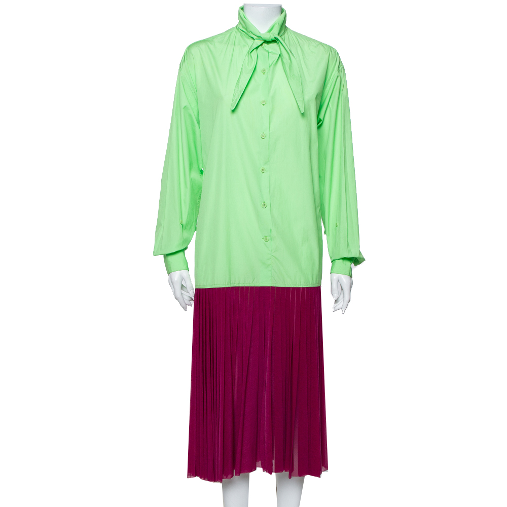 Pre-owned Celine Neon Green & Purple Color Block Reverse Closure Detail Oversized Midi Dress M