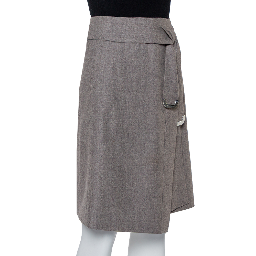 

Celine Grey Wool Waist Tie Detail Faux Wrap Asymmetric Hem Skirt