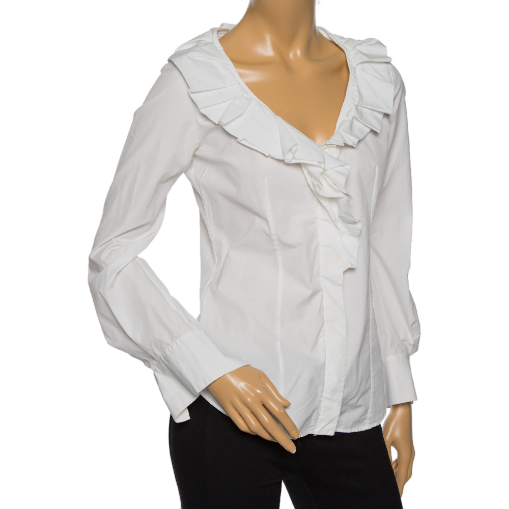 

Celine White Cotton Ruffled Neck Detail Shirt, Yellow