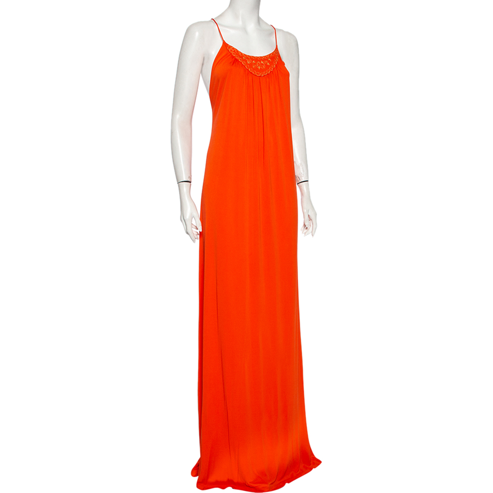 

Celine Orange Jersey Embroidered Neck Detail Maxi Dress