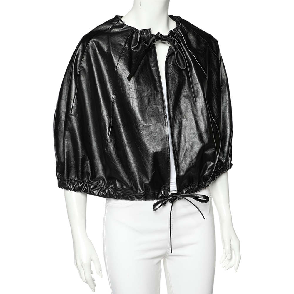 

Celine Black Leather Drawstring Tie Cropped Cape