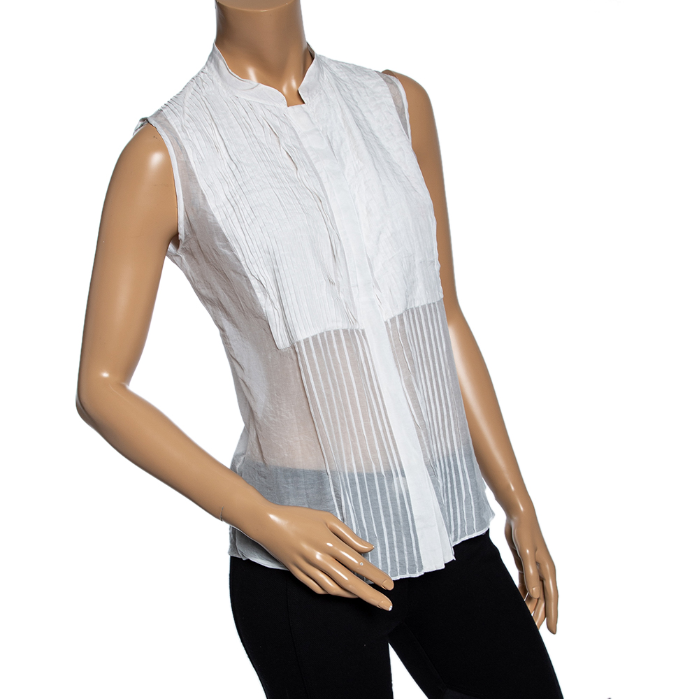 

Celine White Cotton & Silk Pintuck Detail Sleeveless Top